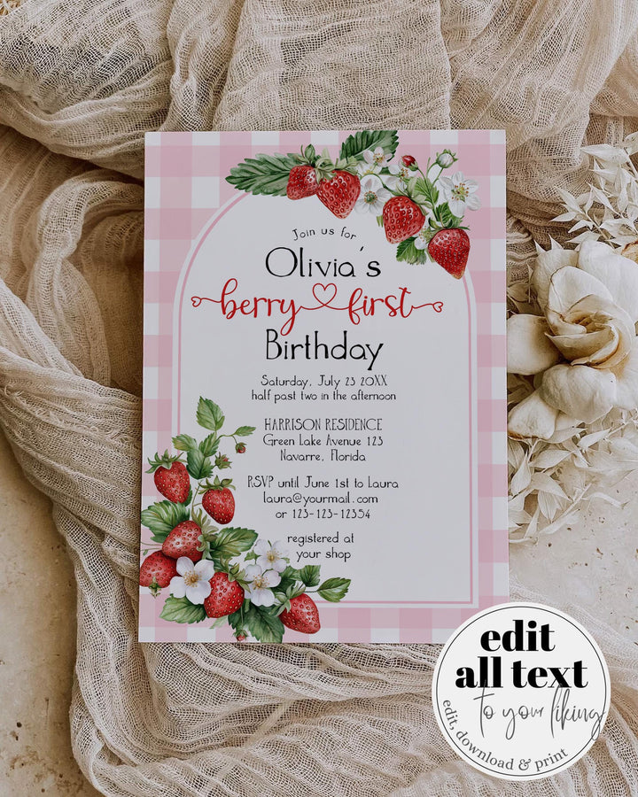 Berry First Birthday Invitation Editable 1st Birthday Girl Invite Pink Gingham Cottagecore Strawberry First Birthday Printable Template #068 - TheLovebirdsDesign