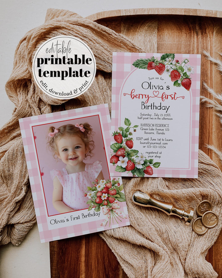 Berry First Birthday Invitation Editable 1st Birthday Girl Invite Pink Gingham Cottagecore Strawberry First Birthday Printable Template #068 - TheLovebirdsDesign