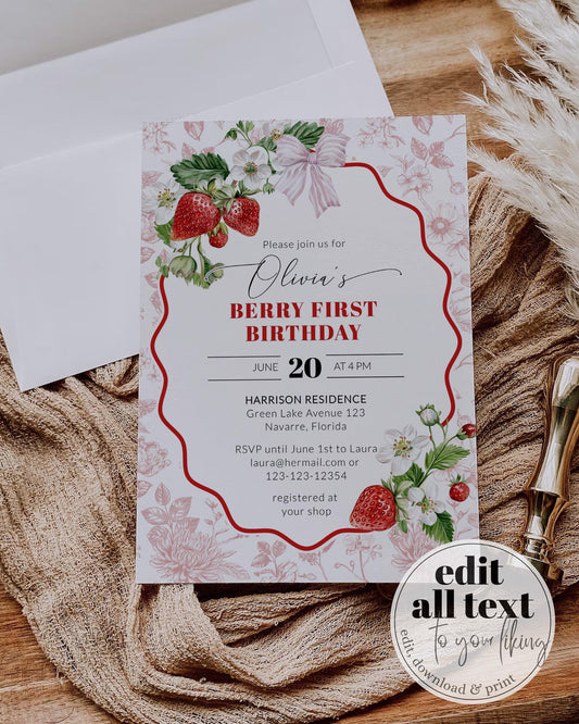 Vintage Berry First Birthday Invitation, Toile de Jouy Berry 1st Birthday Girls Invite Strawberry Party Invitation Printable Template #072 - TheLovebirdsDesign