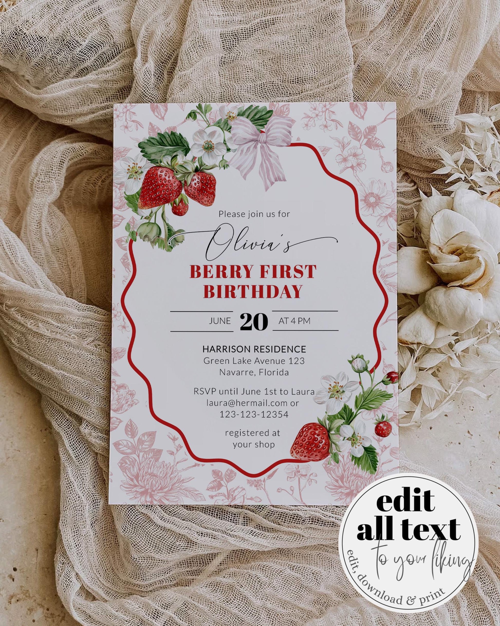 Vintage Berry First Birthday Invitation, Toile de Jouy Berry 1st Birthday Girls Invite Strawberry Party Invitation Printable Template #072 - TheLovebirdsDesign