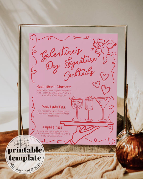 Handwritten Galentines Day Signature Cocktails for Girls Night Funky Doodle Pink Red Valentine Pajama Party Bar Menu Galentine Template #070 - TheLovebirdsDesign
