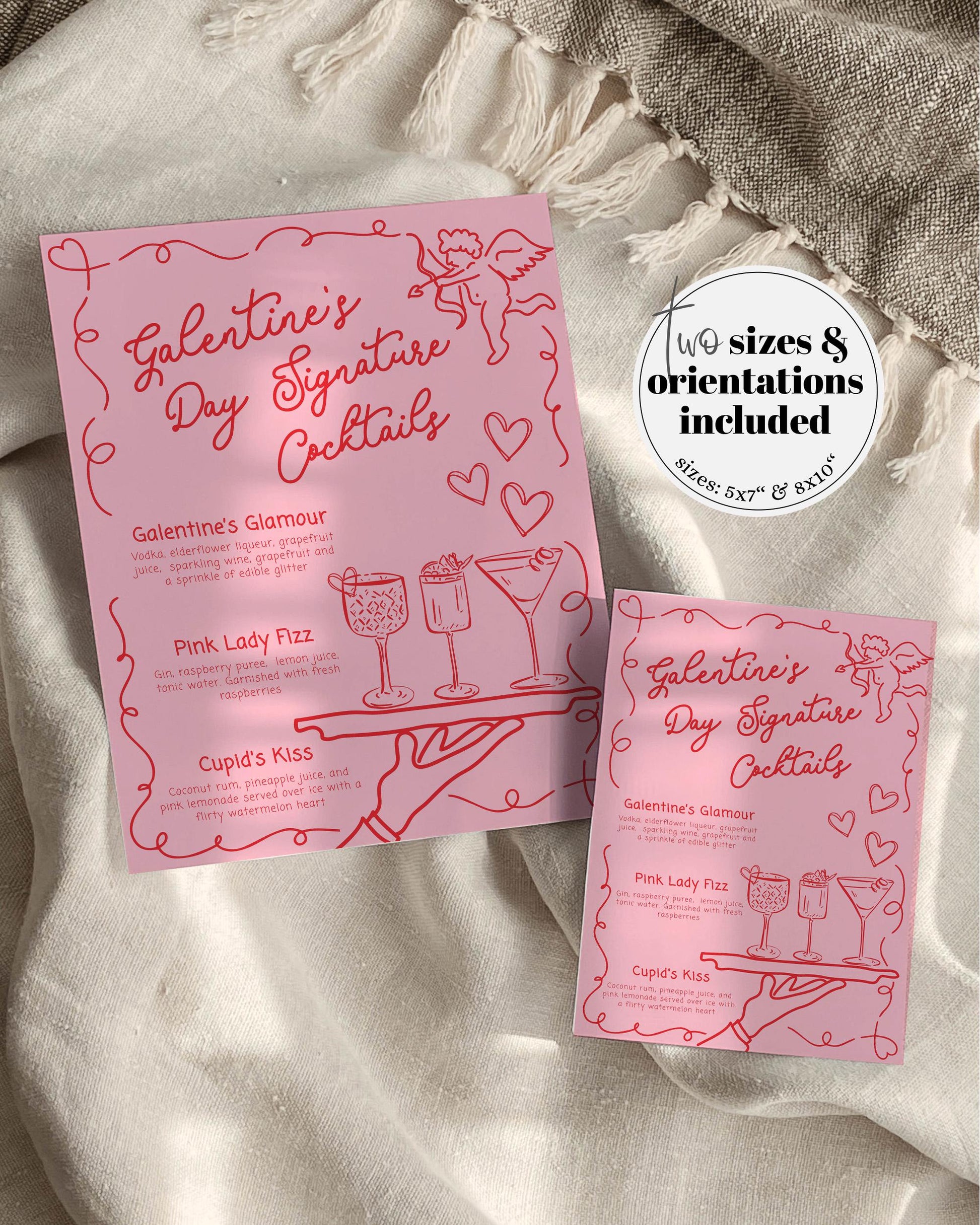 Handwritten Galentines Day Signature Cocktails for Girls Night Funky Doodle Pink Red Valentine Pajama Party Bar Menu Galentine Template #070 - TheLovebirdsDesign