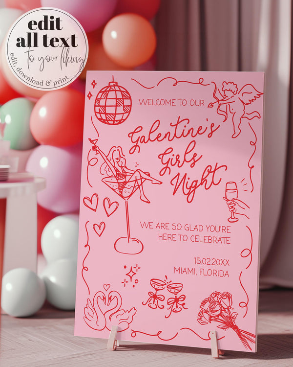Handwritten Galentines Day Welcome Sign for Girls Night, Funky Doodle Valentines Pajama Party Decoration Sign Dinner Brunch Template #070 - TheLovebirdsDesign