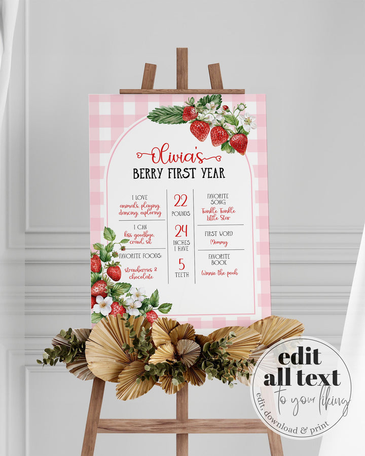 Berry First Birthday Milestone Sign, Editable 1st Birthday Girl Milestone Board, Pink Gingham Strawberry Milestone Printable Template #068 - TheLovebirdsDesign