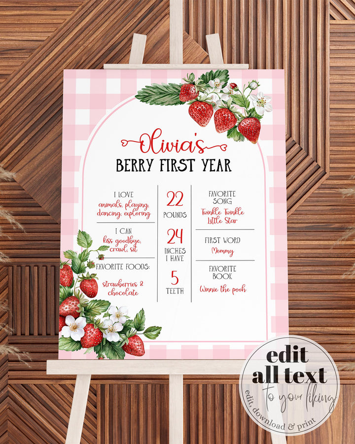 Berry First Birthday Milestone Sign, Editable 1st Birthday Girl Milestone Board, Pink Gingham Strawberry Milestone Printable Template #068 - TheLovebirdsDesign