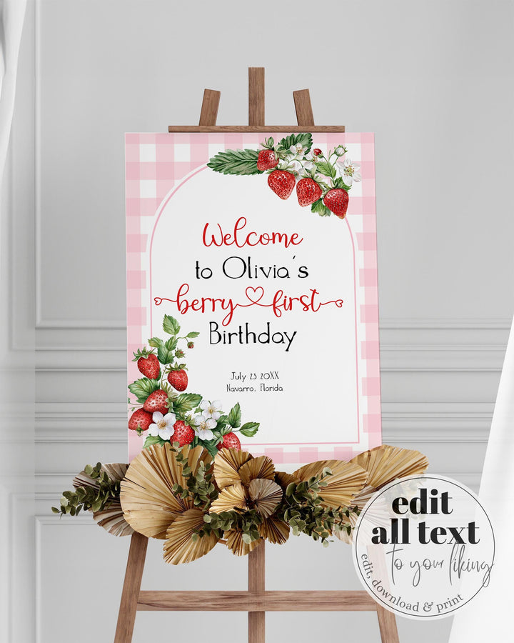 Berry First Birthday Welcome Sign 1st Birthday Girl Party Decoration Pink Gingham Strawberry Birthday Party Welcome Sign Template #068 - TheLovebirdsDesign