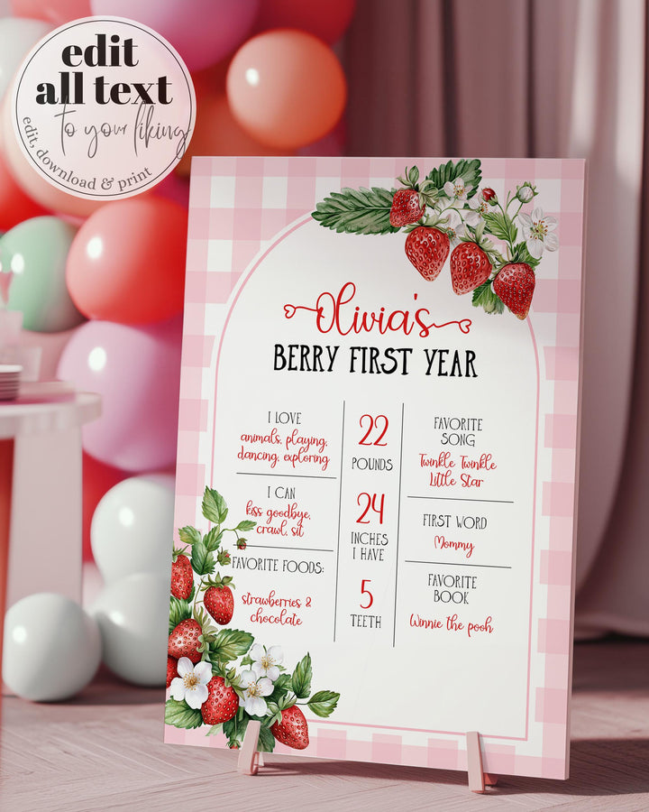 Berry First Birthday Milestone Sign, Editable 1st Birthday Girl Milestone Board, Pink Gingham Strawberry Milestone Printable Template #068 - TheLovebirdsDesign