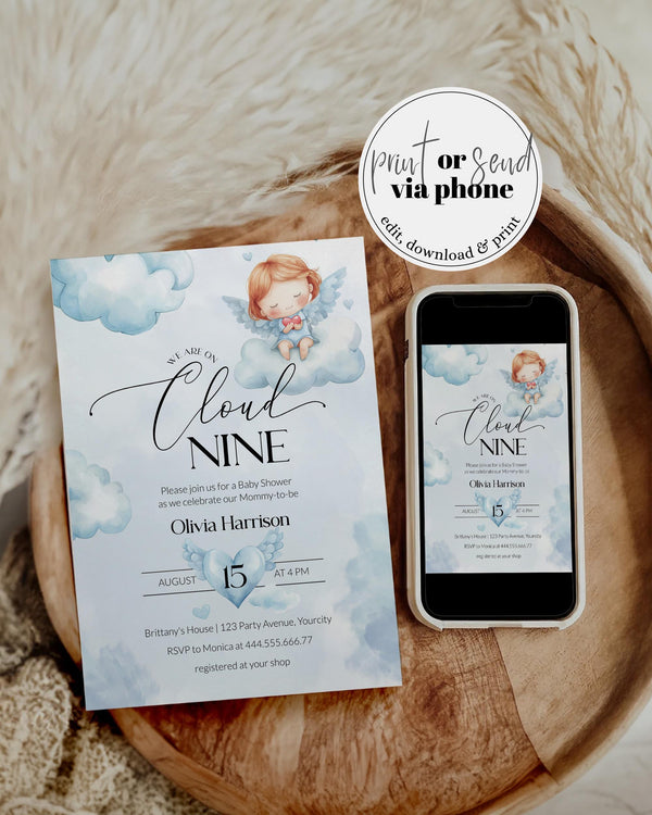 Cloud Nine Baby Shower Invitation, Heaven Sent Blue Cloud Shower Invite, Hello Baby Angel Wings Printable Template #072 - TheLovebirdsDesign