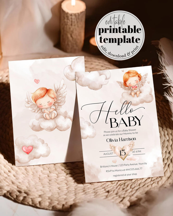 Little Piece of Heaven Baby Shower Invitation, Heaven Sent Baby Shower Invite, Neutral Cloud 9 Heavenly Baby Party Printable Template #072 - TheLovebirdsDesign