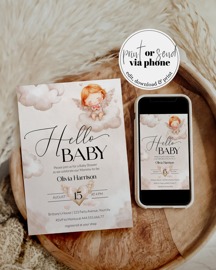 Little Piece of Heaven Baby Shower Invitation, Heaven Sent Baby Shower Invite, Neutral Cloud 9 Heavenly Baby Party Printable Template #072 - TheLovebirdsDesign