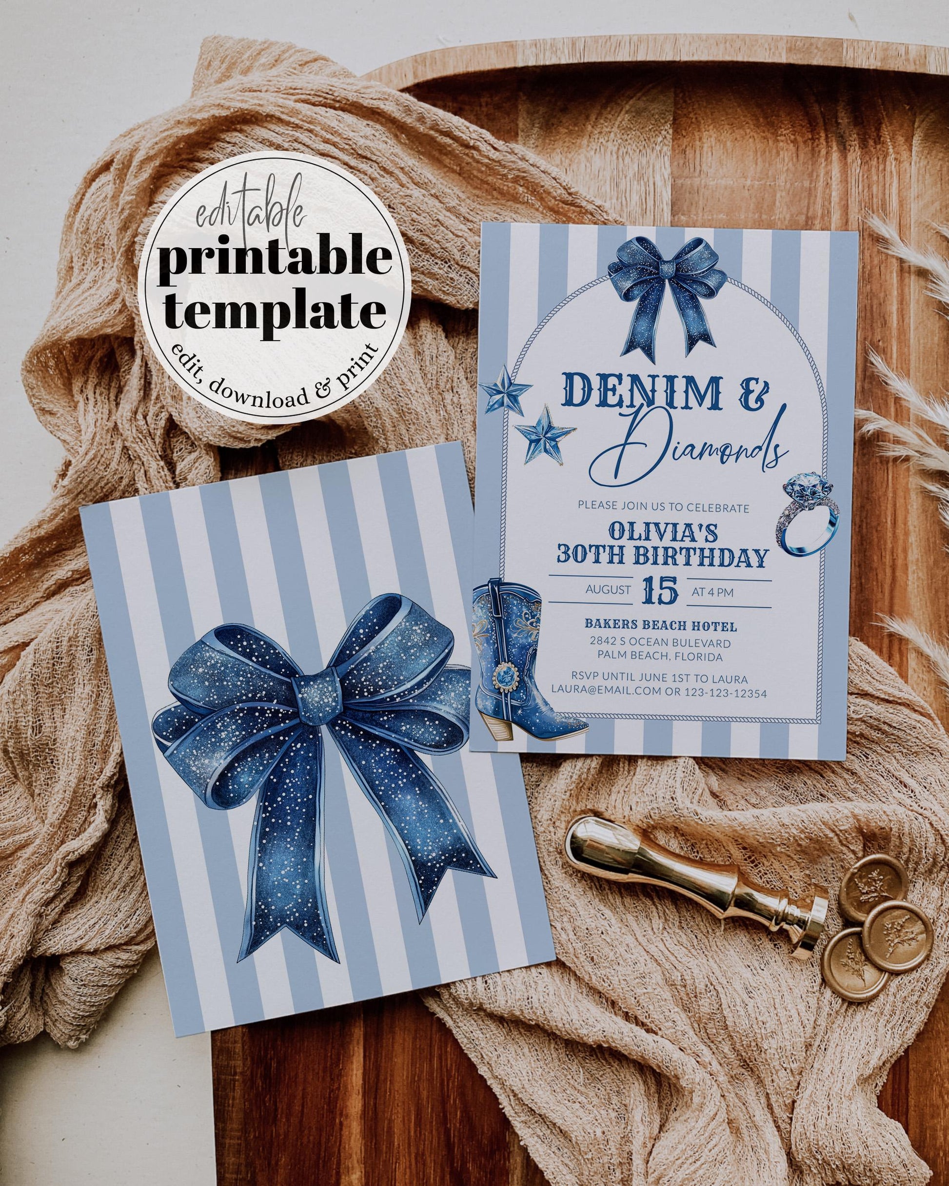 Denim Diamond Invite, Blue Disco Cowgirl Adult Birthday Invitation, Jeans and Diamonds Let's get Nashty Rodeo Printable Template #072 - TheLovebirdsDesign