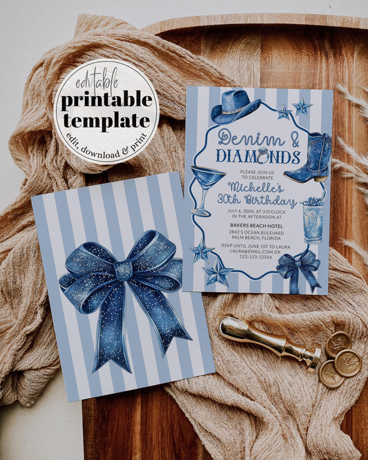 Denim and Diamonds Birthday Invitation, Blue Cowgirl Adult Birthday Party Invite, Blue Jeans last Rodeo Disco Cowgirl Printable Template#072 - TheLovebirdsDesign