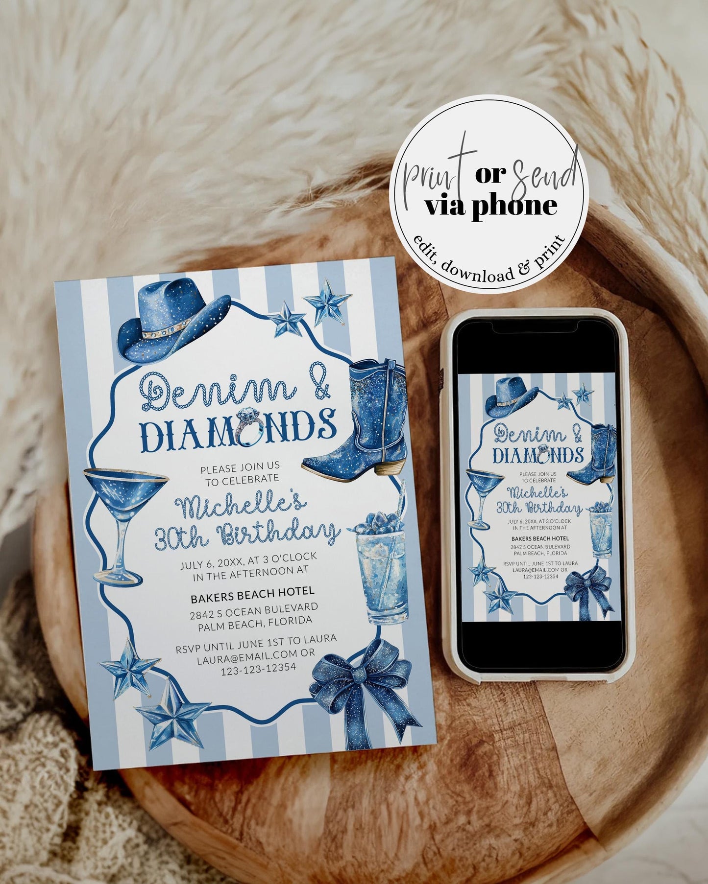 Denim and Diamonds Birthday Invitation, Blue Cowgirl Adult Birthday Party Invite, Blue Jeans last Rodeo Disco Cowgirl Printable Template#072 - TheLovebirdsDesign