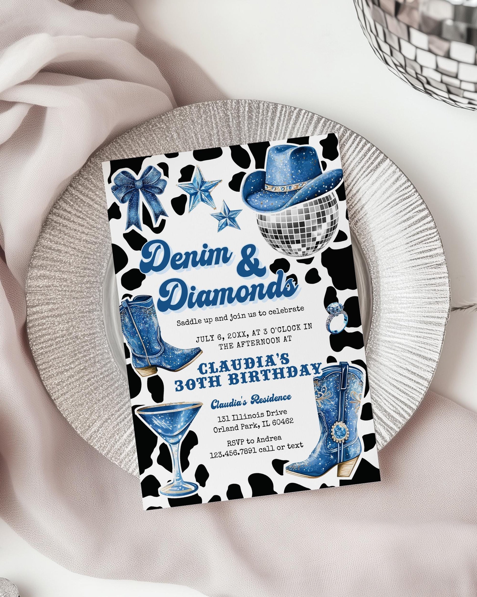 Blue Denim and Diamonds Jeans Birthday Invitation, Blue Cowgirl Adult Birthday Invite, Let's get Nashty Disco Cowgirl Party Printable #022 - TheLovebirdsDesign