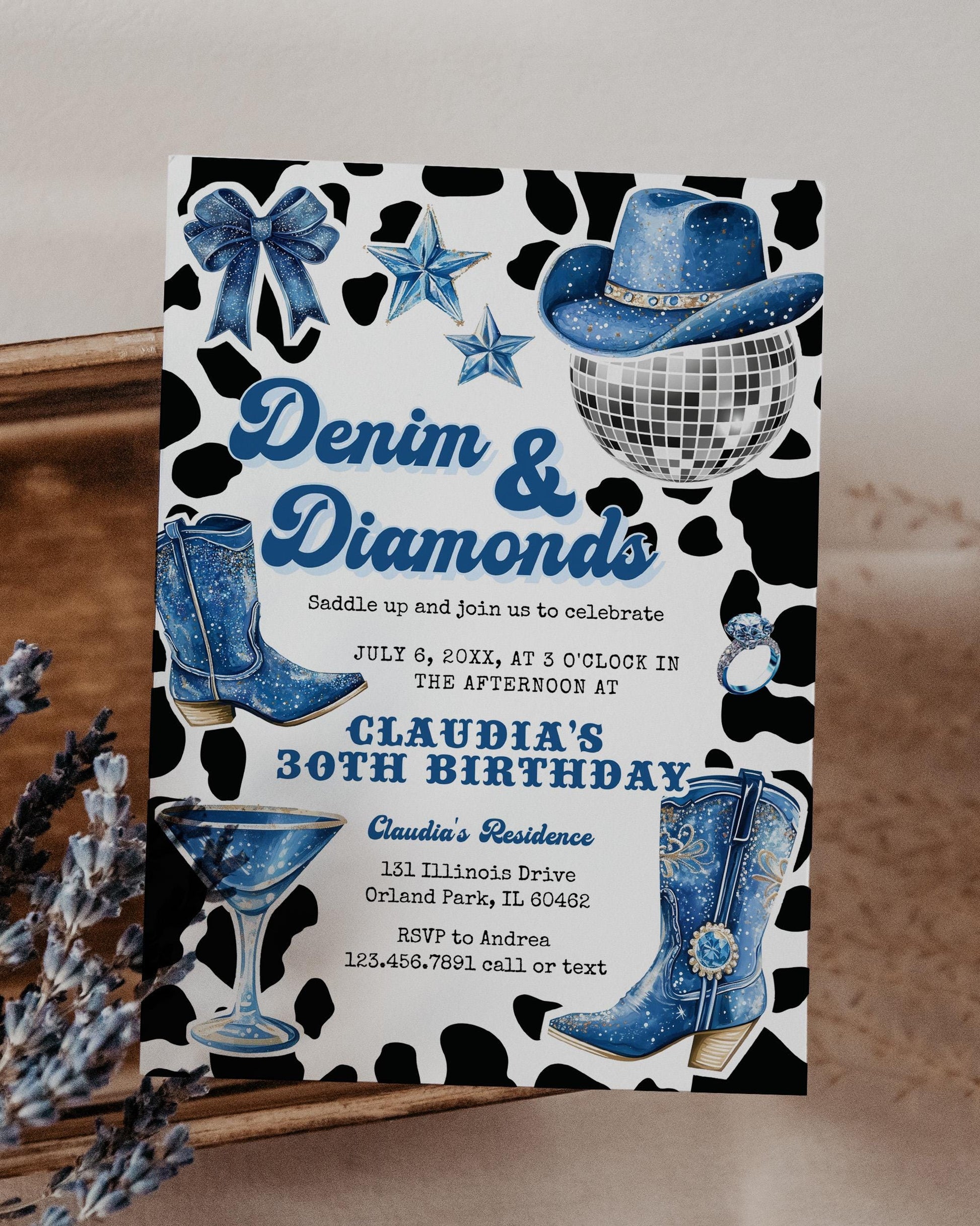 Blue Denim and Diamonds Jeans Birthday Invitation, Blue Cowgirl Adult Birthday Invite, Let's get Nashty Disco Cowgirl Party Printable #022 - TheLovebirdsDesign