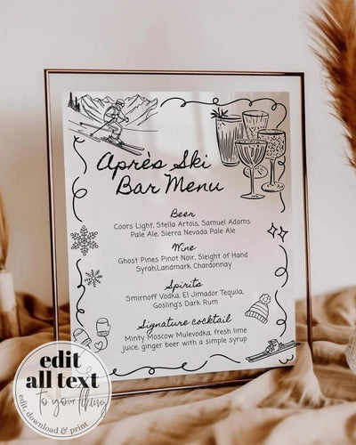 Winter Apres Ski Bar Menu Sign, Handwritten Signature Cocktail Drinks Menu Template, Mountain Ski Party Social Club Bar Decor Template #070 - TheLovebirdsDesign