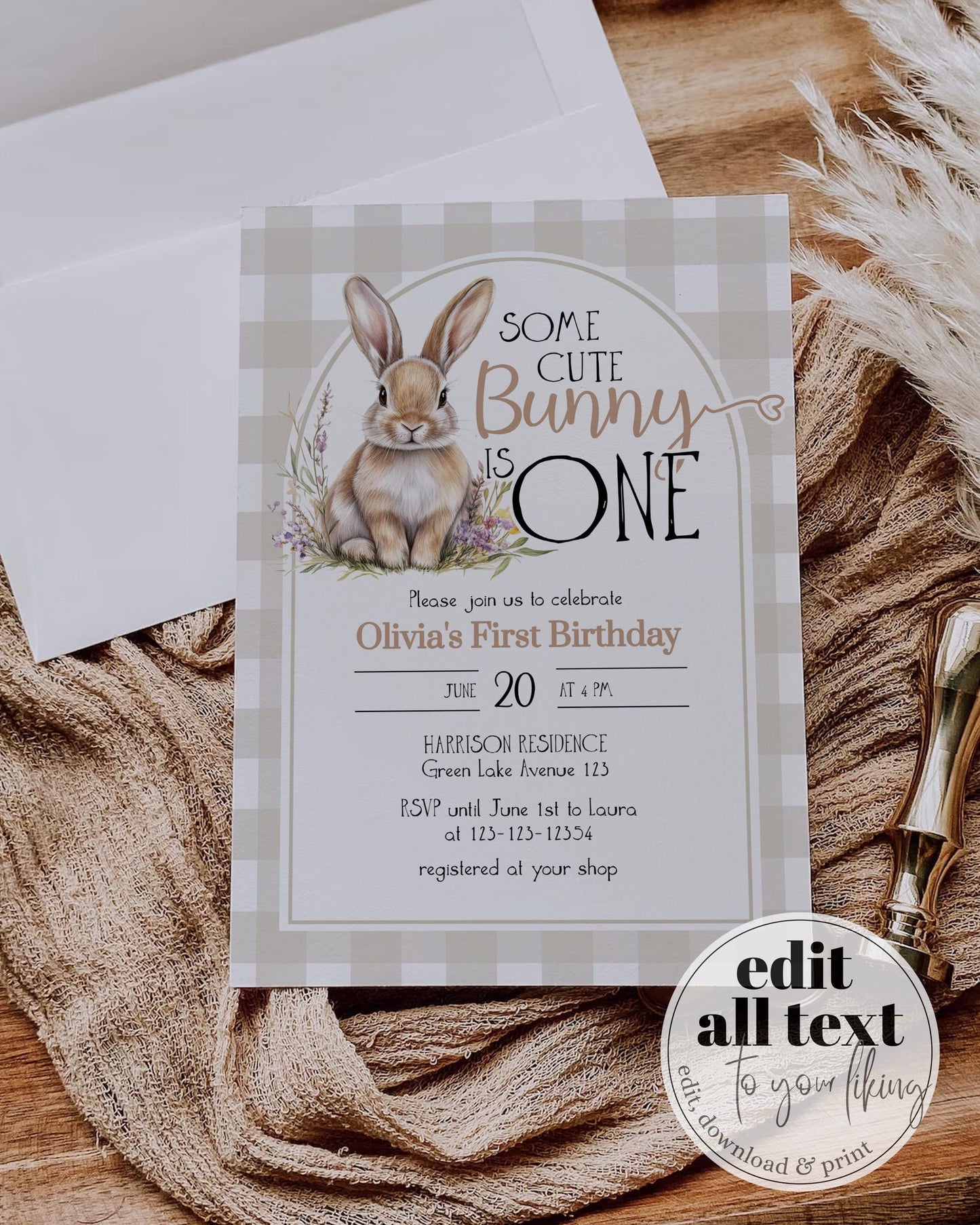 Some Bunny is One Gingham First Birthday Invitation, Cottagecore Cute Rabbit Invite Some Bunny Sweet 1st Birthday Printable Template #068 - TheLovebirdsDesign