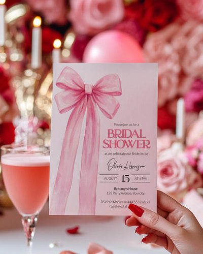 Girls just wanna have fun Pink Bow Coquette Bridal Shower Invitation, Minimalistic Pink Ribbon Bachelorette Invite, Knot party template #072 - TheLovebirdsDesign