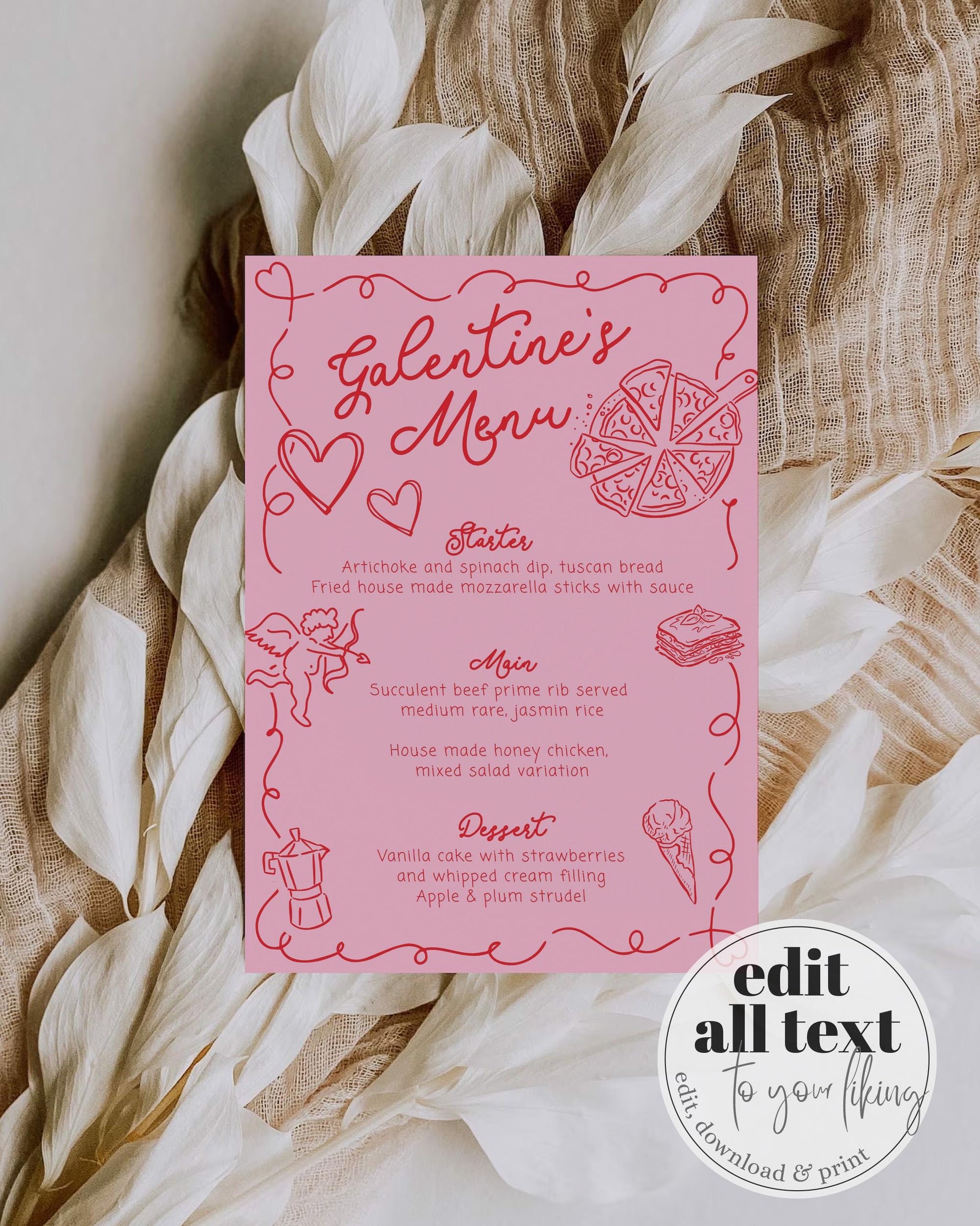 Handwritten Galentines Day Girls Night Food Menu Card Funky Doodle Pink Red Valentines Pajama Party Menu Galentine Dinner Menu Template #070 - TheLovebirdsDesign