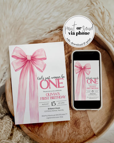Girls just wanna be ONE Pink Bow First Birthday Invitation Classy Coquette Bow 1st Birthday Invite Ribbon Bow Printable Template #072 - TheLovebirdsDesign