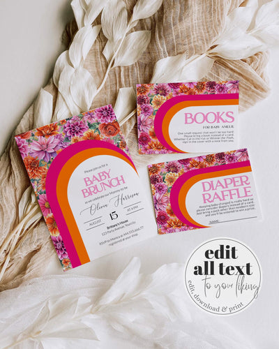 Pink Orange Baby Shower Invitation, Brunch Citrus Baby Shower Suite, Editable Sunrise Summer Girl Baby Party Invite Printable Template #072 - TheLovebirdsDesign