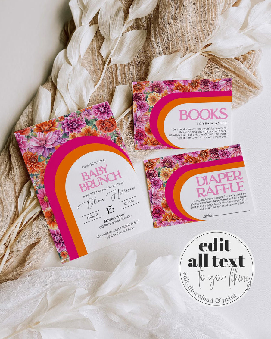 Pink Orange Baby Shower Invitation, Brunch Citrus Baby Shower Suite, Editable Sunrise Summer Girl Baby Party Invite Printable Template #072 - marryful.org