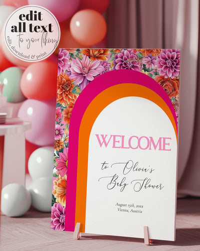 Pink Orange Welcome Sign, Editable Sunrise Party Welcome Template for Summer Girl Baby Shower or Bridal Party Printable Decorations #072 - TheLovebirdsDesign
