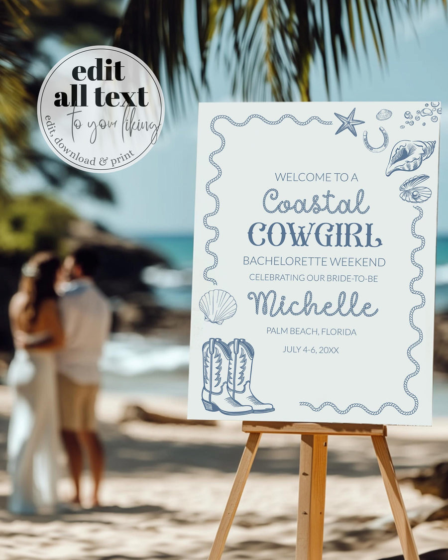 Coastal Cowgirl Welcome Sign, Nautical Bachelorette Bridal Shower Printable 024CC-WLCM