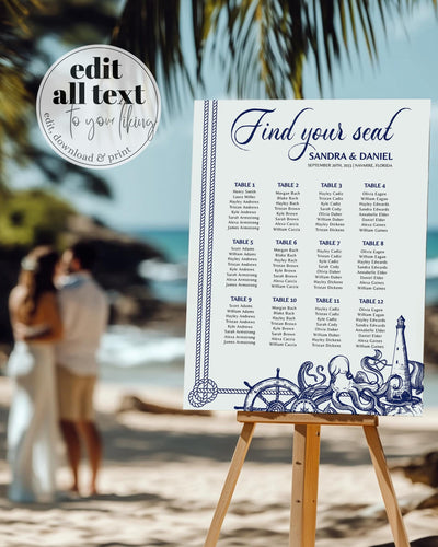 Beach Wedding Seating Chart Template, Destination Bridal Shower or Nautical Baby Shower Sign #071 - TheLovebirdsDesign