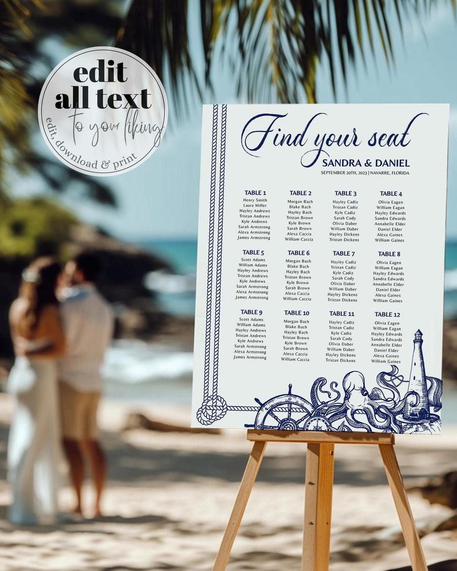 Beach Wedding Seating Chart Template, Destination Bridal Shower or Nautical Baby Shower Sign 071NA-SEAT - marryful.org