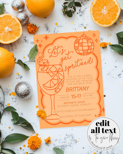 Orange Spritz Bachelorette Party Invitation, Lets get Spritzed Bridal Shower Invite, Funky Italian Hen Do Weekend Itinerary Template #070 - TheLovebirdsDesign