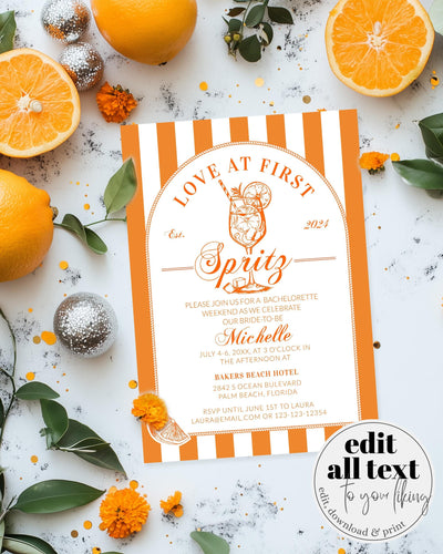 Love at first Spritz themed Bachelorette Party Invite Weekend Itinerary, Thats Amore Italian Spritz Social Club Bach Invitation Template#072 - TheLovebirdsDesign