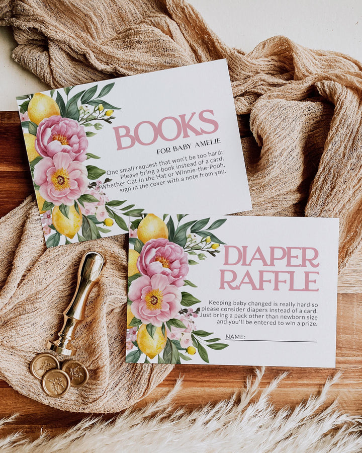 Pink Lemonade Baby Shower Suite, Pink Lemon Floral Citrus Baby Shower Invitation, Mediterranean Lemon Girl Shower Invite Template #072 - TheLovebirdsDesign