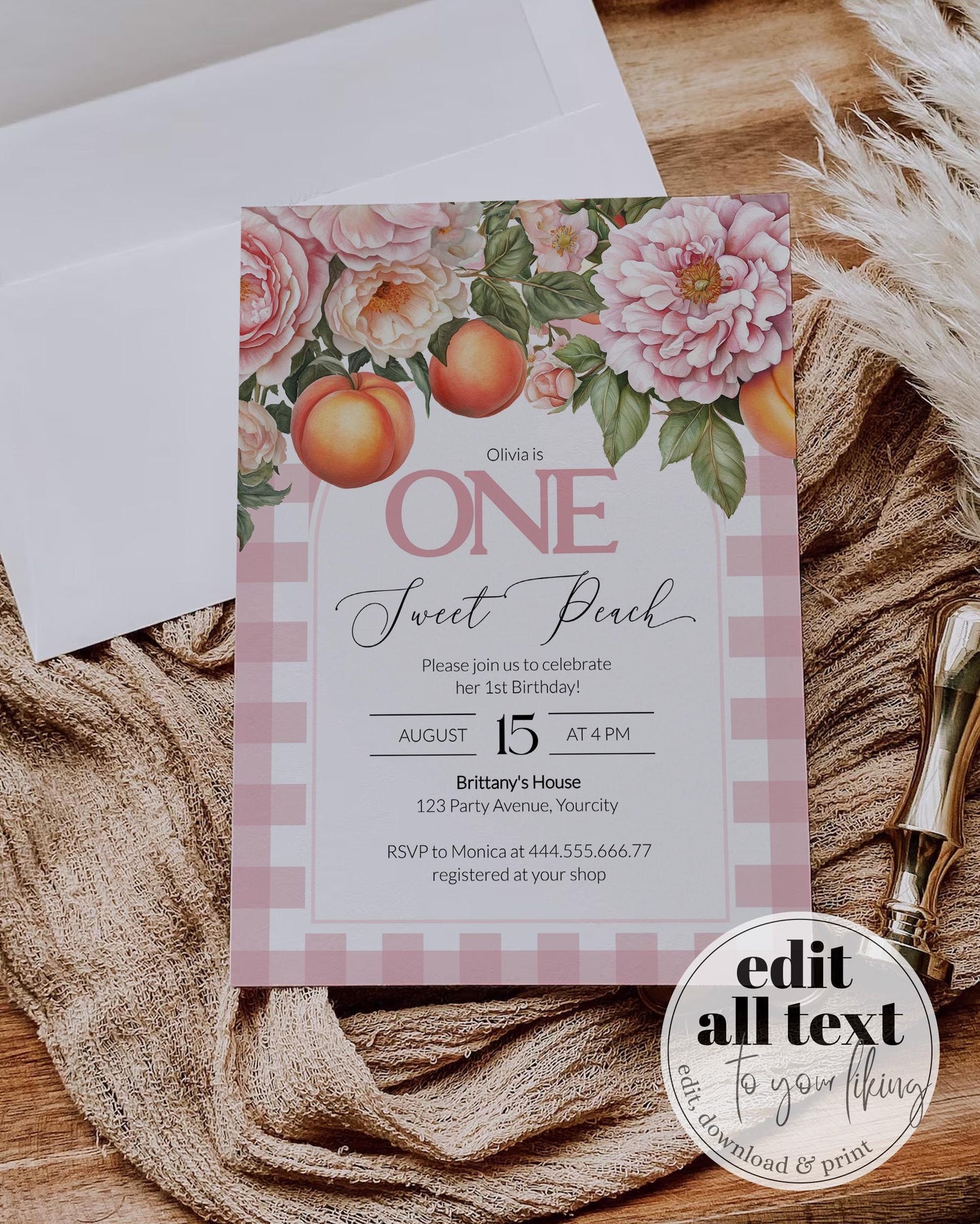 Sweet Little Peach Birthday Invitation, Blush Pink Peach Invitation Girl, Summer Floral Peach Party Printable Invite Template #072 - TheLovebirdsDesign