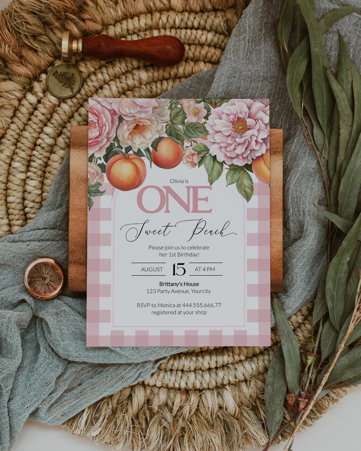 Sweet Little Peach Birthday Invitation, Blush Pink Peach Invitation Girl, Summer Floral Peach Party Printable Invite Template #072 - TheLovebirdsDesign