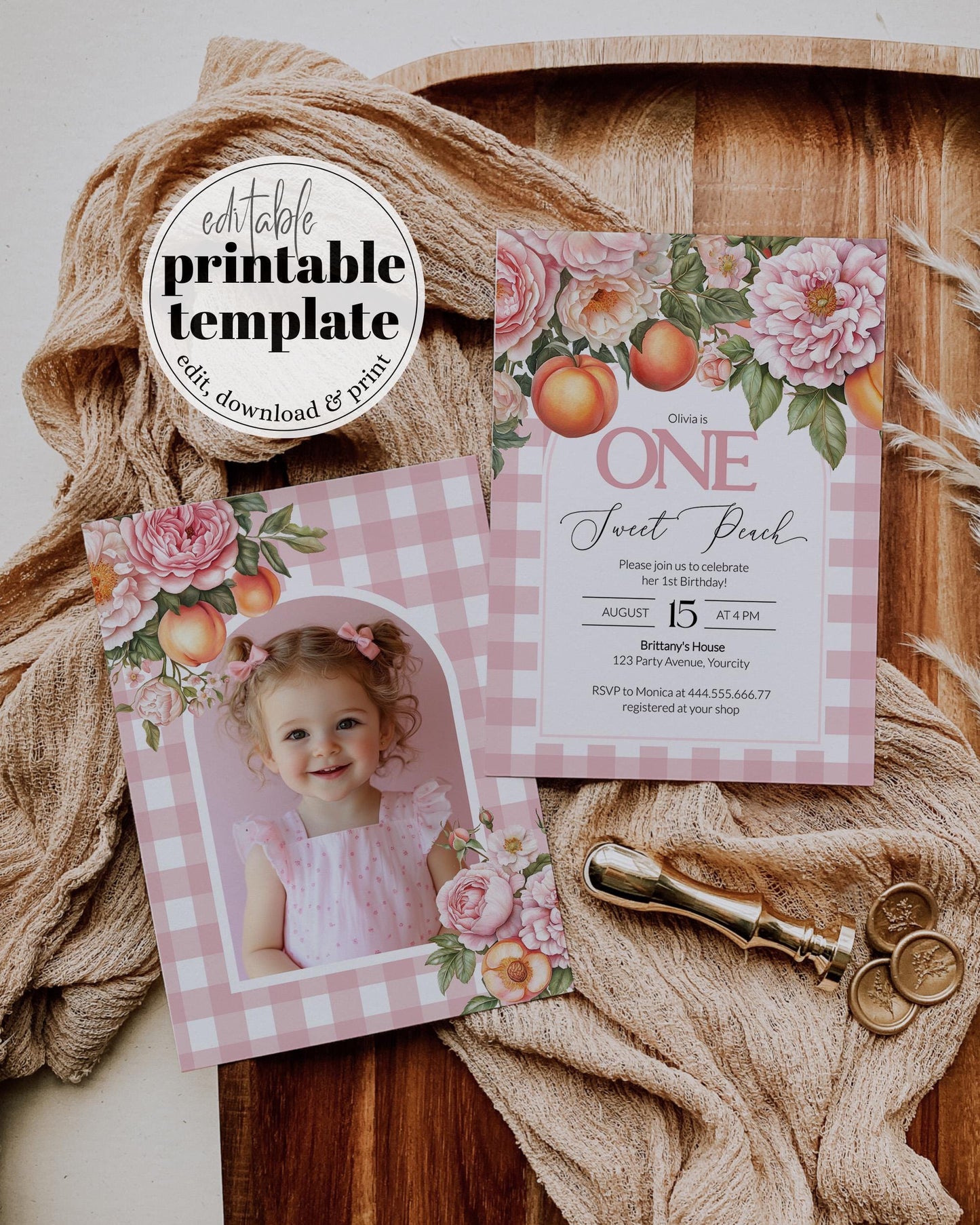 Sweet Little Peach Birthday Invitation, Blush Pink Peach Invitation Girl, Summer Floral Peach Party Printable Invite Template #072 - TheLovebirdsDesign