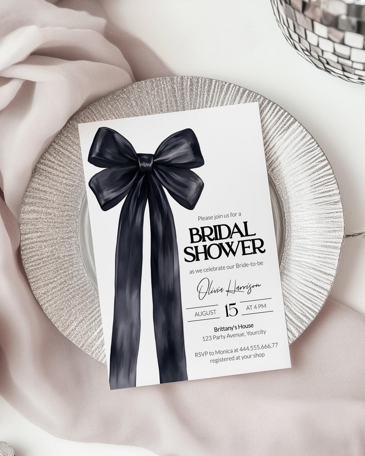 She's tying the Knot Black Bow Coquette Bridal Shower Invitation, Minimalistic Black Ribbon Bachelorette Invite, Knot party template #072 - TheLovebirdsDesign