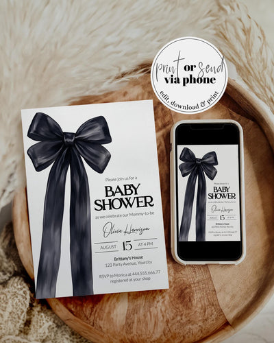 Black Bow Baby Invite, Knot Baby Shower Invitation Gender Neutral Classy Coquette Evite Illustrated Grandmillenial Bow Party Template #072 - TheLovebirdsDesign
