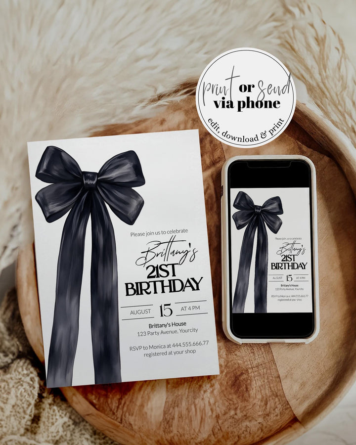 Black Bow Birthday Invitation Girls 21st Birthday Classy Coquette Bow 30th Birthday Invite Women Illustrated Grandmillenial Bow Template#072 - TheLovebirdsDesign
