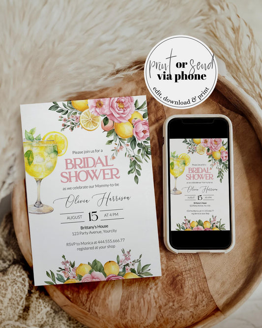 Pink Lemonade Bridal Shower Invitation, Pink Lemon Floral Citrus Bridal Shower Invite, Mediterranean Lemon Girl Shower Evite Template #072 - TheLovebirdsDesign