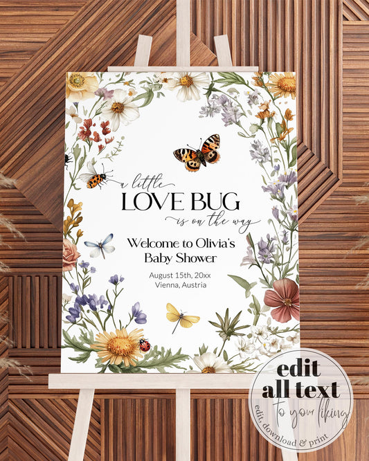 Wildflower Love bug Baby Shower Welcome Sign, A little Lovebug is on the way Decorations Sign, Gender Neutral Butterfly Party Template #072 - TheLovebirdsDesign