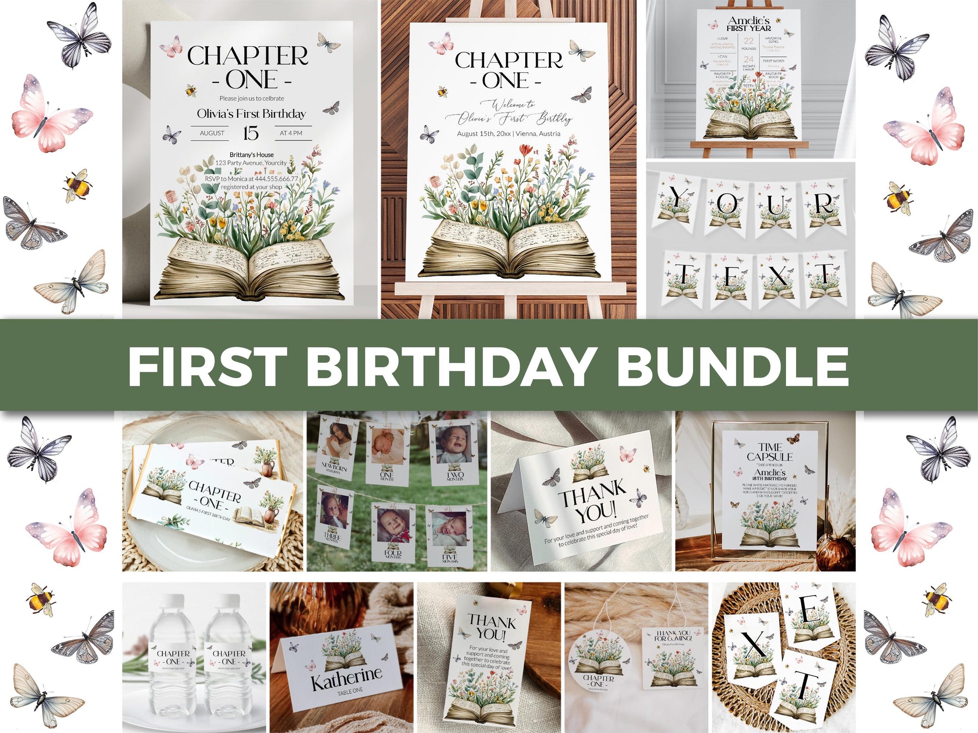 Chapter ONE Book Baby First Birthday Bundle, Wildflower Butterfly Storybook Gender Neutral 1st Birthday Invite Bundle Printable Template#068 - TheLovebirdsDesign