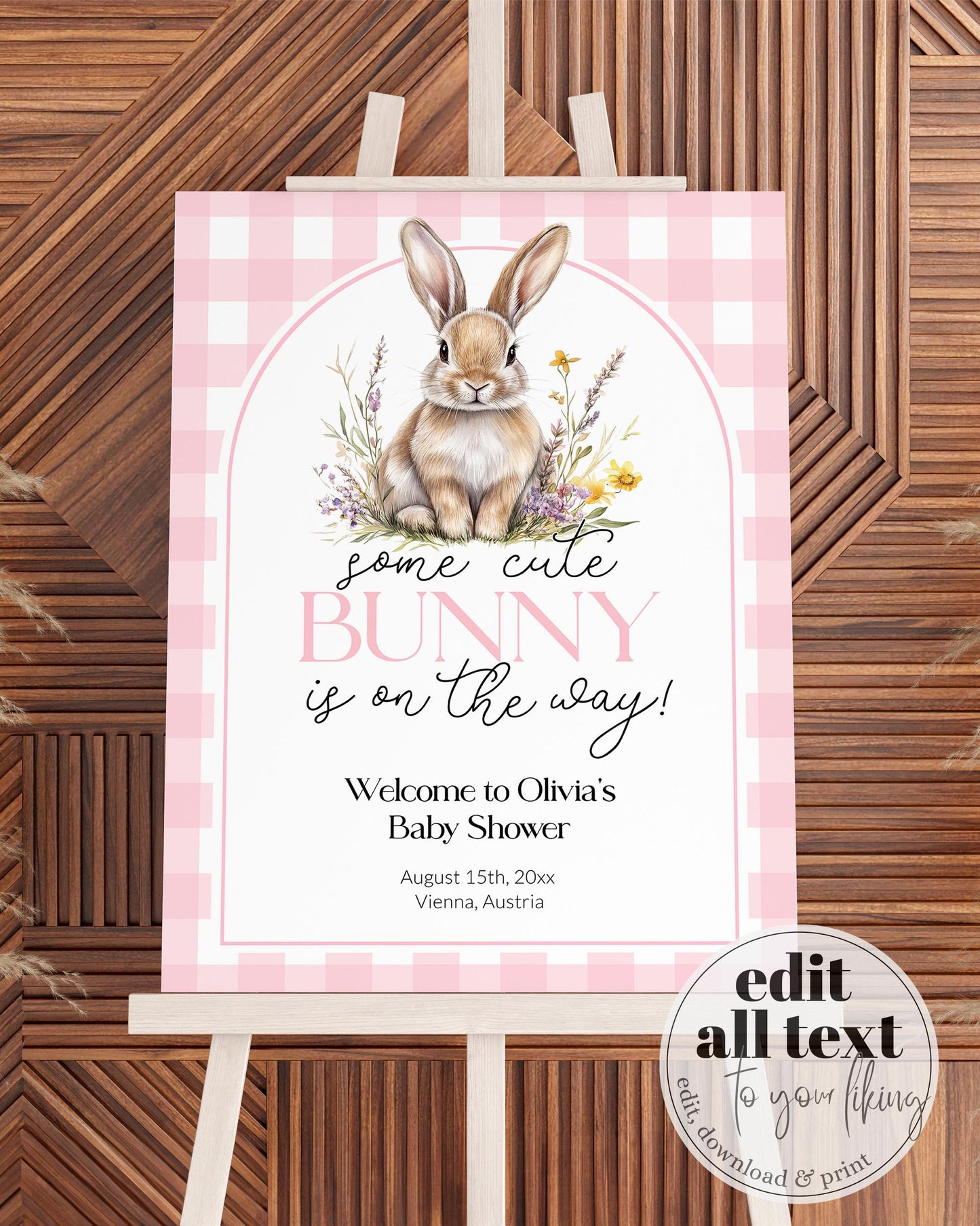 Pink Bunny Welcome Sign, Some Bunny on the way Baby Shower Sign Rabbit Easter Decorations Sign Gingham Bunny 1st Birthday Sign Template #068 - TheLovebirdsDesign