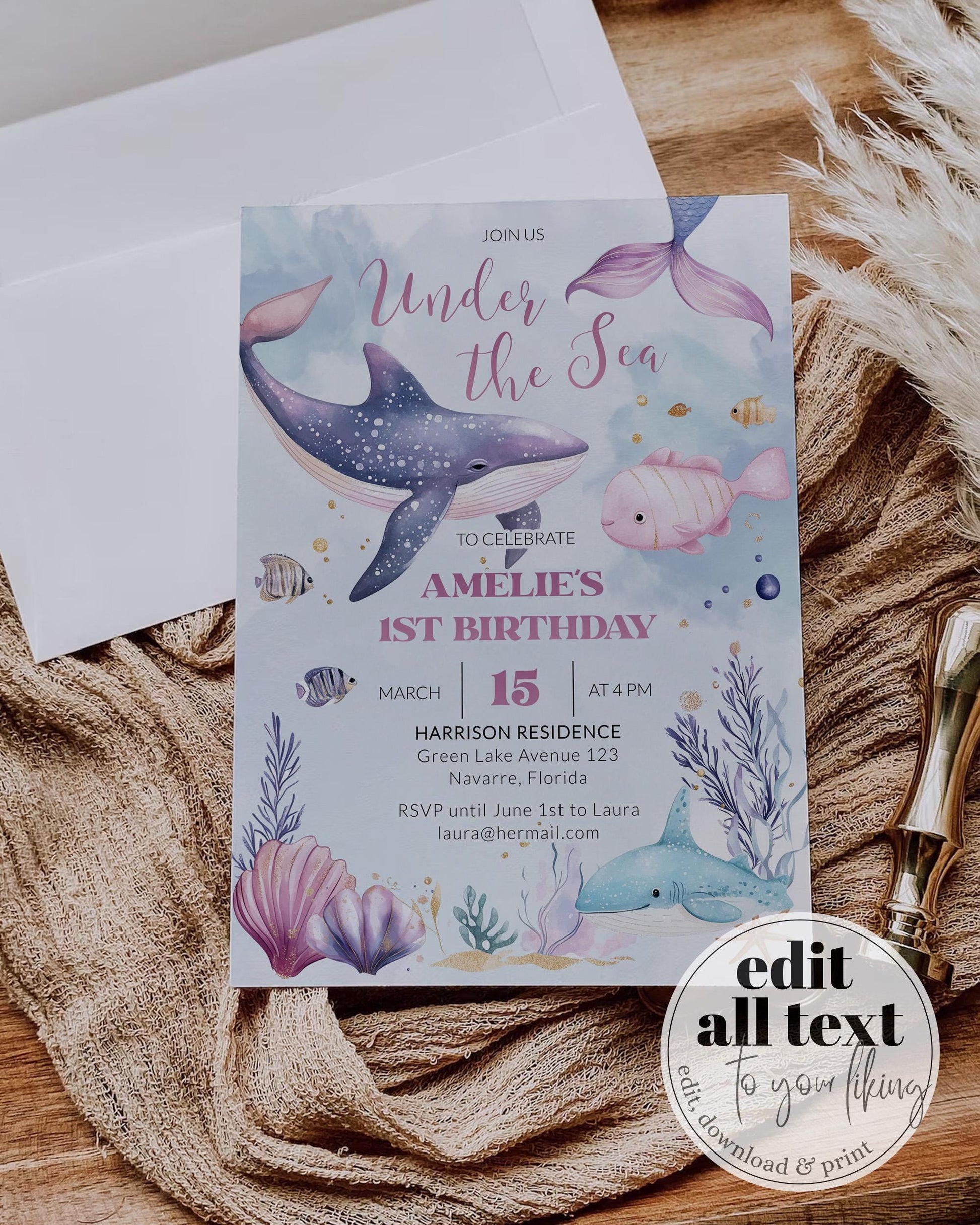 Under the Sea Birthday Invitation Whales, Dolphin Sea Animals, Blue Beach Ocean Party Invite Birthday or Baby Shower Printable Template #022 - TheLovebirdsDesign