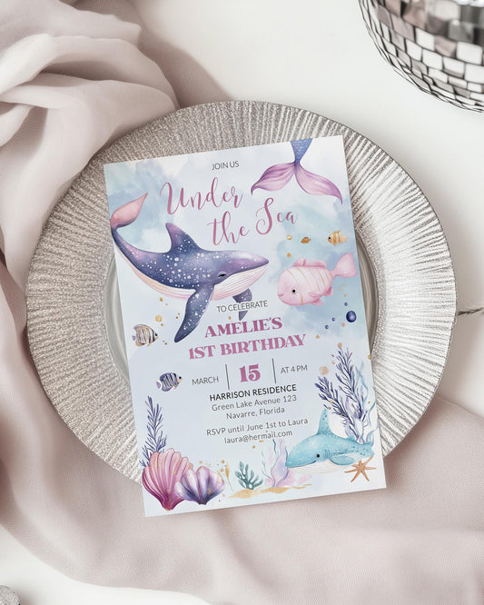 Under the Sea Birthday Invitation Whales, Dolphin Sea Animals, Blue Beach Ocean Party Invite Birthday or Baby Shower Printable Template #022 - TheLovebirdsDesign