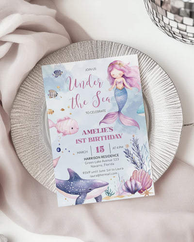 Mermaid Themed First Birthday Invite, Under the Sea Animals Party Invitation, Pink Blue Dolphin Turtle Beautiful Mermaid Evite Template #022 - TheLovebirdsDesign