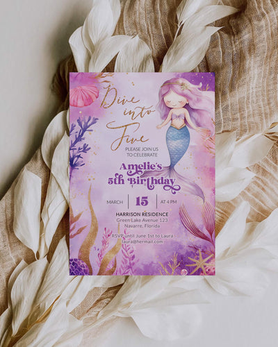 Dive into Five Mermaid Themed Birthday Invitation for Girls, Pink Purple Glitter Magical Mermaid 5th Birthday Invite Printable Template #022 - TheLovebirdsDesign