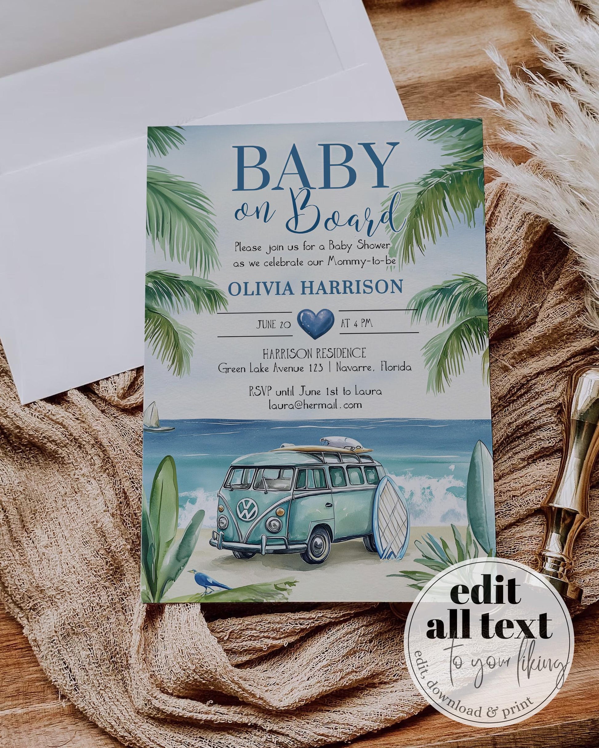 Surfer Baby Shower Invitation Baby on Board Invite Beach Ocean and Palm Trees Summer Baby Shower Pool Party Boys Printable Template #068 - TheLovebirdsDesign