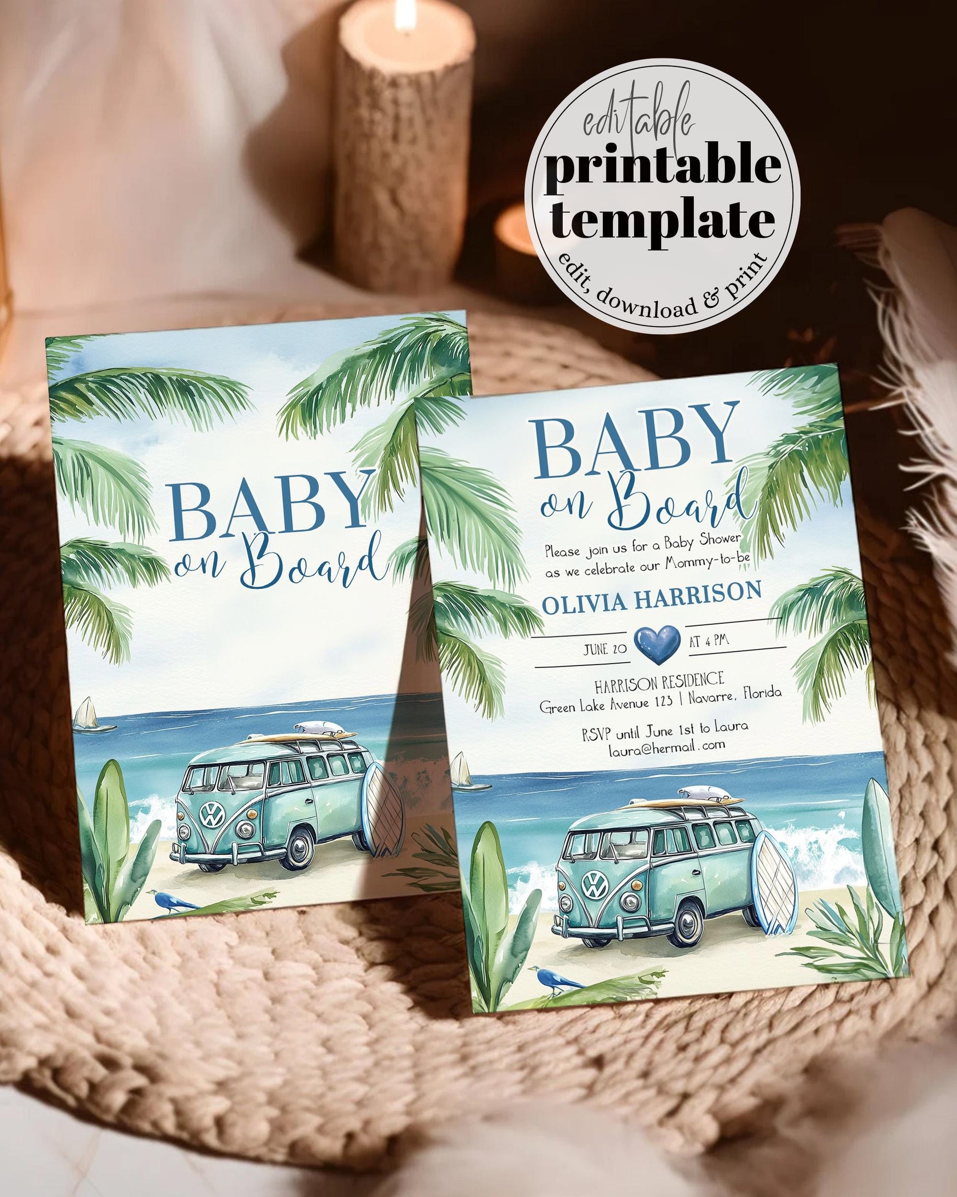 Surfer Baby Shower Invitation Baby on Board Invite Beach Ocean and Palm Trees Summer Baby Shower Pool Party Boys Printable Template #068 - TheLovebirdsDesign