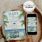 Surfer Baby Shower Invitation Baby on Board Invite Beach Ocean and Palm Trees Summer Baby Shower Pool Party Boys Printable Template #068 - TheLovebirdsDesign